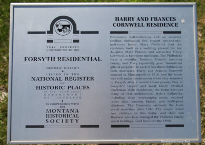 A June picture of Montana Historical Society sign about the Cornwell Residence in Forsyth Montana. Image is from the Forsyth Montana Picture Tour.