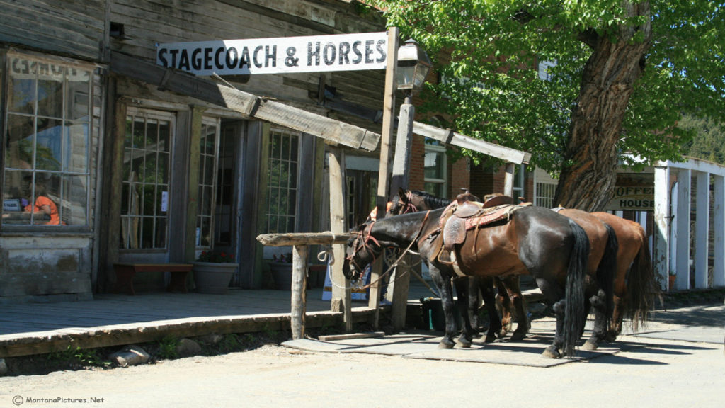 August picture of horses tied to a wooden rail in front of the Stage Coach Office in Virginia City, Montana. Image is from the Virginia City, Montana Picture Tour.